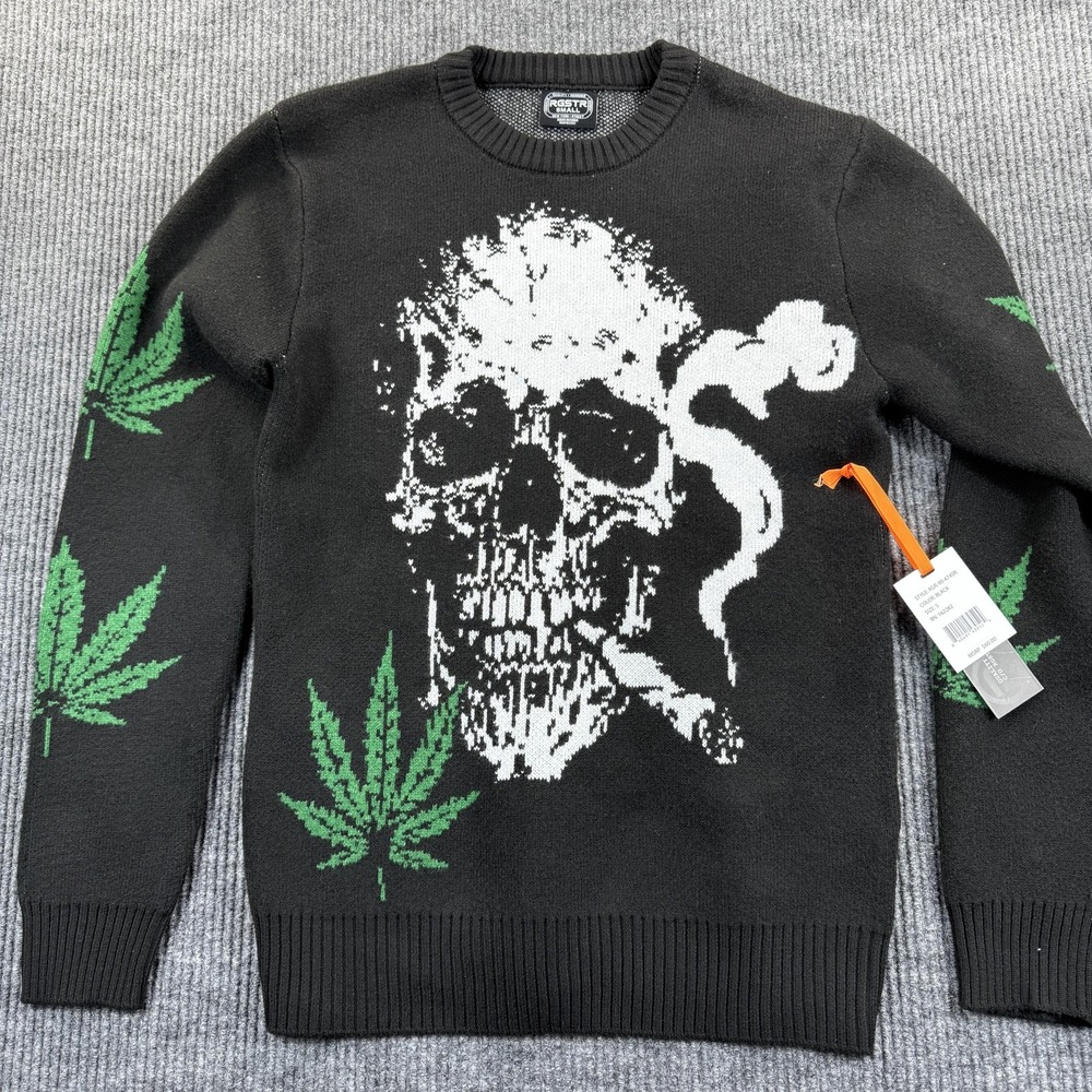 RGSTR Sweater Mens Small Black Skull‎ Marijuana Leaf Crewneck Pullover Graphic